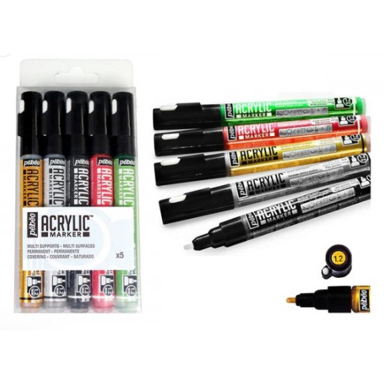 Set 5 Glossy Colors Deco Acrylic Marker, 1.2mm Thickness, Gold, Silver, Black, Red, Green / Pebeo